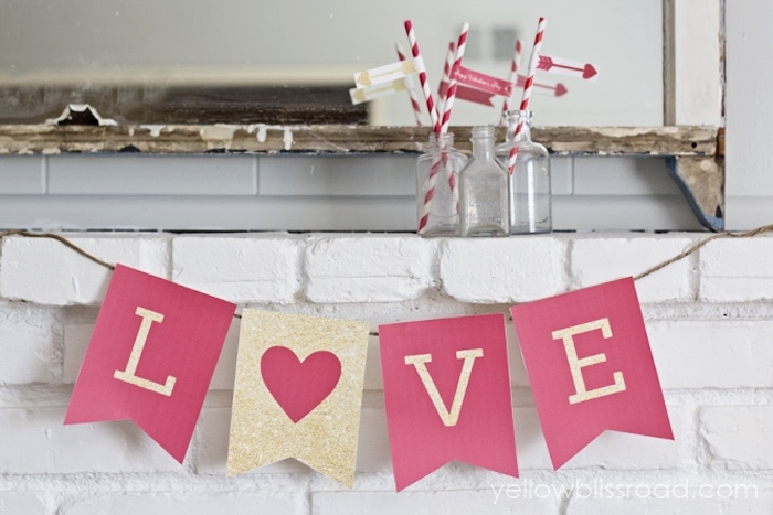 Free Printable LOVE Valentine Banner in Red and Gold Glitter