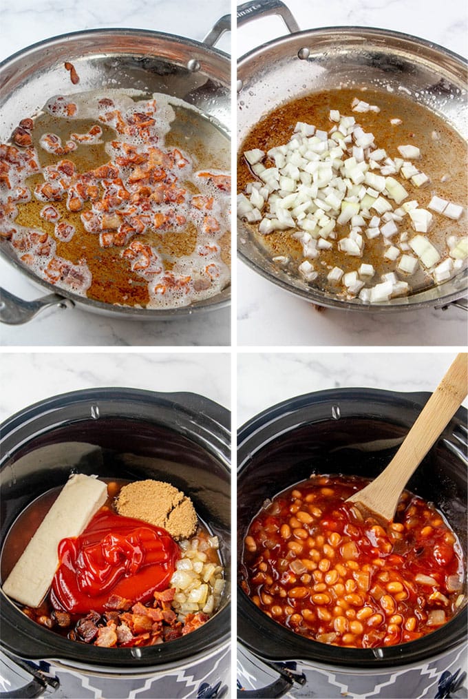 a collage of 4 images showing a frying pan sauteeing bacon and onions and a slow cooker with baked beans ingredients.