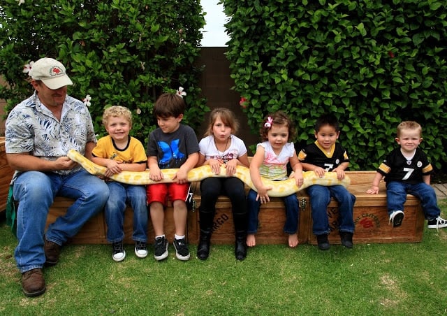 A group of kids holding an albino boa