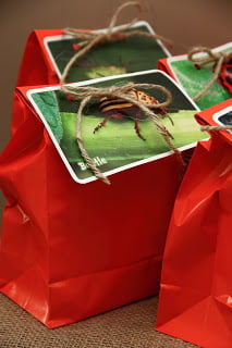 A close up of a red goody bag with bug picture on top