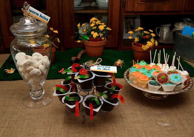 Flowers and food on a table