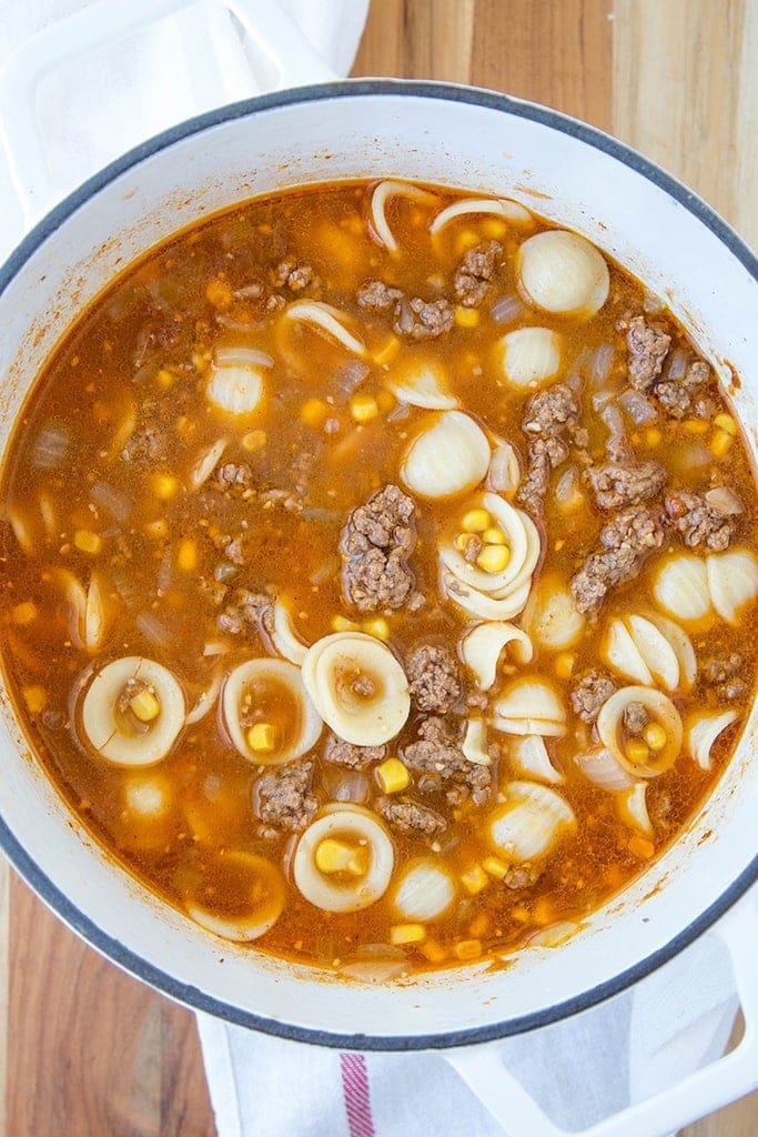 This Hamburger Soup is hearty and delicious, with a rich, flavorful broth. It takes less than 30 minutes from start to finish, making it a perfect busy weeknight meal solution.