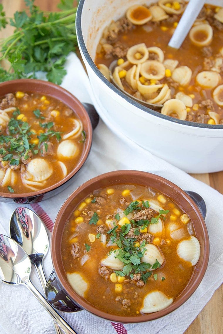 This Hamburger Soup is hearty and delicious, with a rich, flavorful broth. It takes less than 30 minutes from start to finish, making it a perfect busy weeknight meal solution.