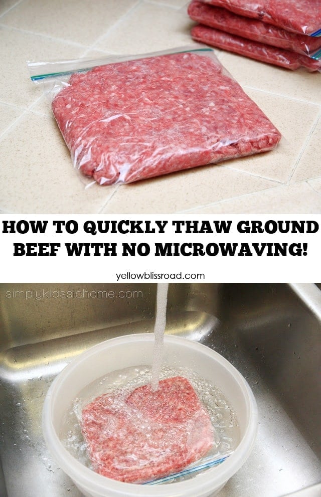 Ziploc bag of ground beef on a counter