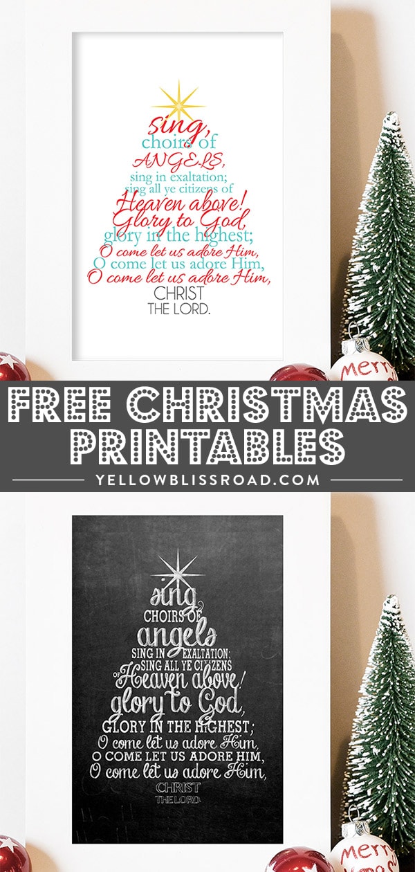 Free Christmas printable with the Christmas carol "O Come All Ye Faithful" lyrics collage.