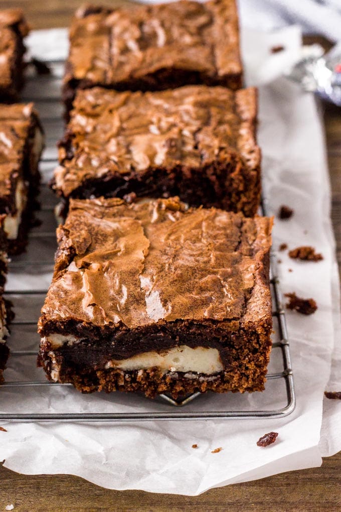 Chocolate Peppermint Patty Brownies stuffed with York Peppermint Patties.