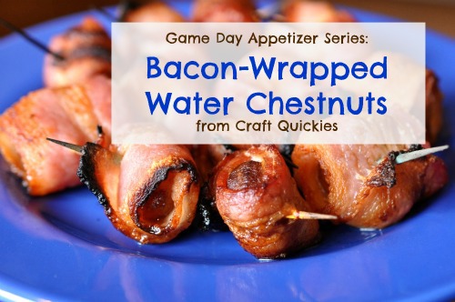 Bacon wrapped water chestnuts on a blue plate