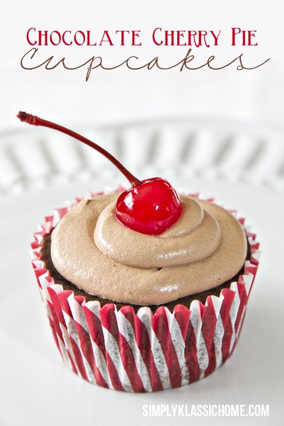 Chocolate Cherry Pie Cupcakes - The addition of Diet 7Up and Yogurt in place of the oil and eggs makes these cupcakes extra moist and delicious (and fat free!) www.yellowblissroad.com
