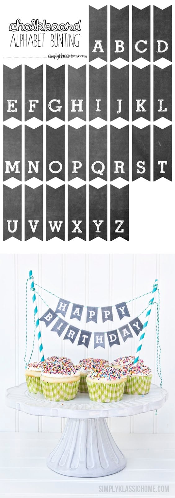 Printable Chalkboard Letters Bunting - Add some charm to your cakes, cupcakes and pies with this free printable download from Simply Klassic!