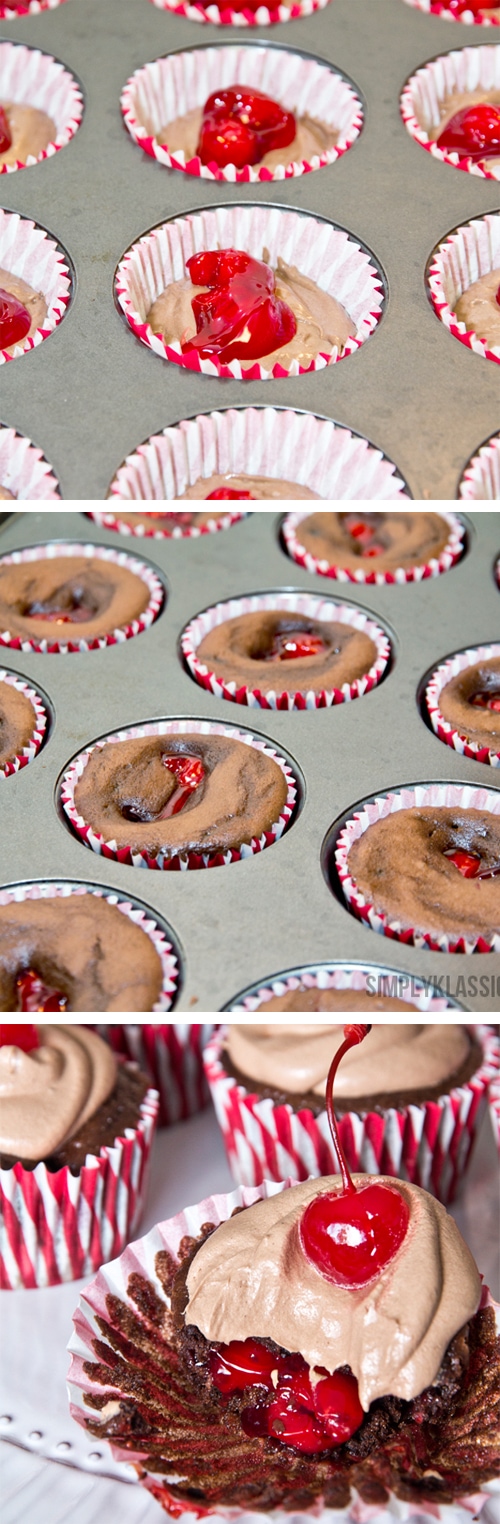 Chocolate Cherry Pie Cupcakes - The addition of Diet 7Up and Yogurt in place of the oil and eggs makes these cupcakes extra moist and delicious (and fat free!) www.yellowblissroad.com