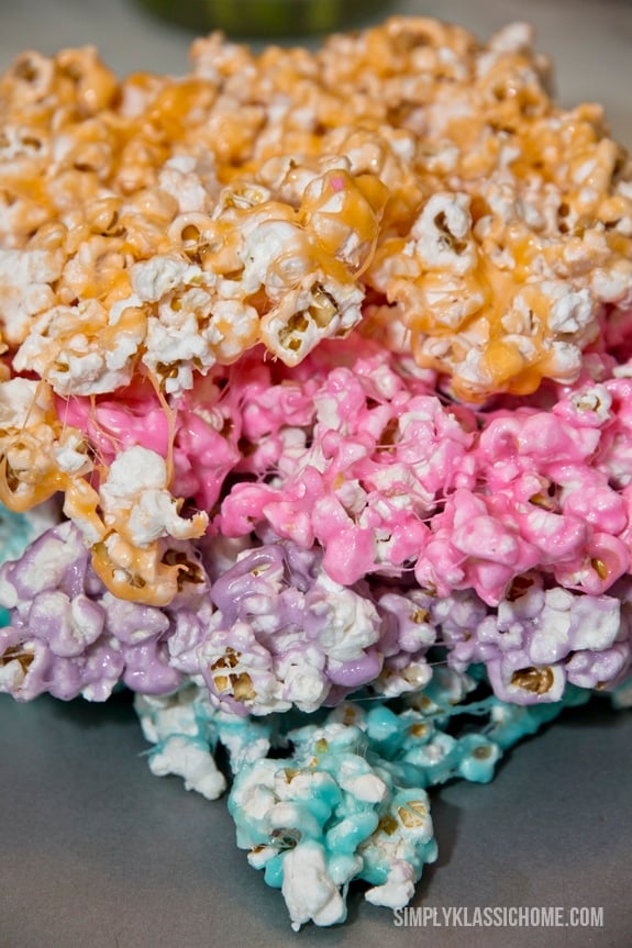 A plate of different colored popcorn