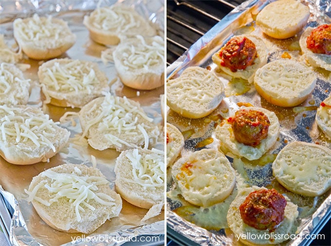 a collage of two images showing how to assemble meatball sliders