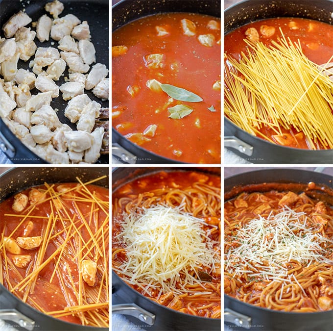 6 photo collage depicting how to make one pot chicken spaghetti.