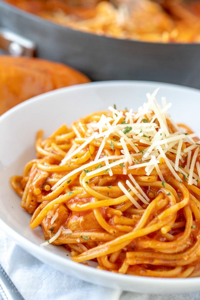 A plate of cheesy chicken spaghetti