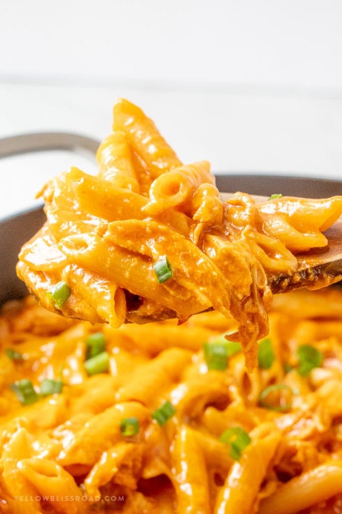 A spoonful of cheesy chicken pasta.