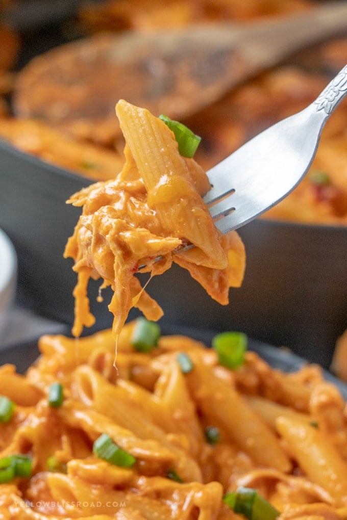 Cheesy Chicken Pasta on a fork.
