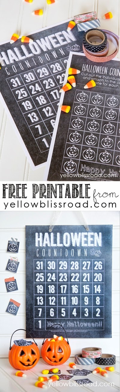 Free Printable Chalkboard Halloween Countdown. Another free printable from Yellow Bliss Road! So cute - my kids will LOVE this!