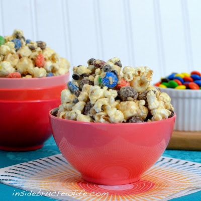 A bowl of Monster Cookie Dough Popcorn