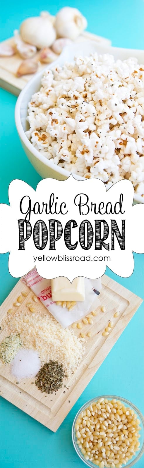 A warm, delicious, garlicky treat. This garlic bread popcorn is so easy and perfect for a fall movie night!