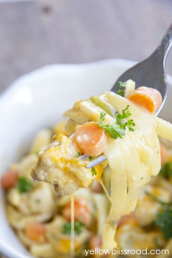 chicken and noodles on a fork