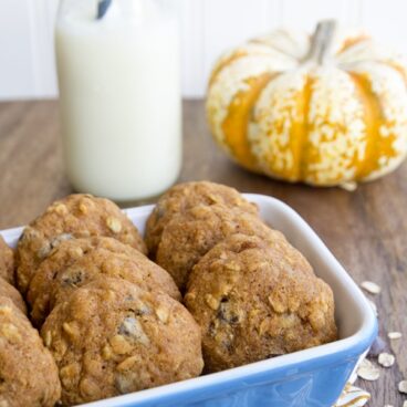 A dish full of pumpkin oatmeal chocolate chip cookies