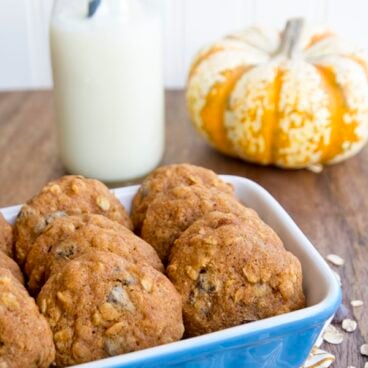 A dish full of pumpkin oatmeal chocolate chip cookies