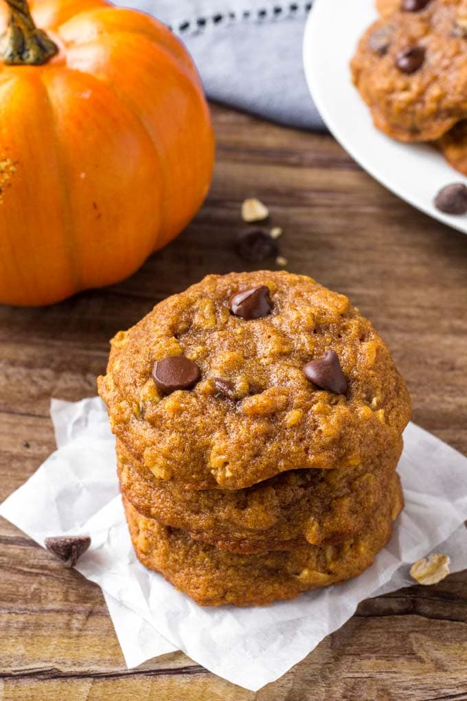 A stack of Oatmeal Pumpkin Chocolate Chip Cookies.