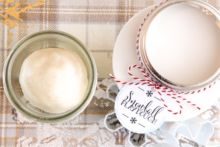 homemade playdough in a jar with a free gift tag,
