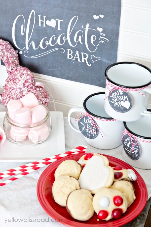 Valentine Hot Chocolate Bar with free printable drink tags and sign