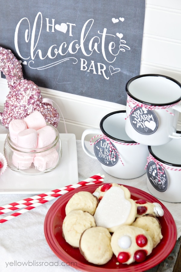 Valentine Hot Chocolate Bar with free printable drink tags and sign