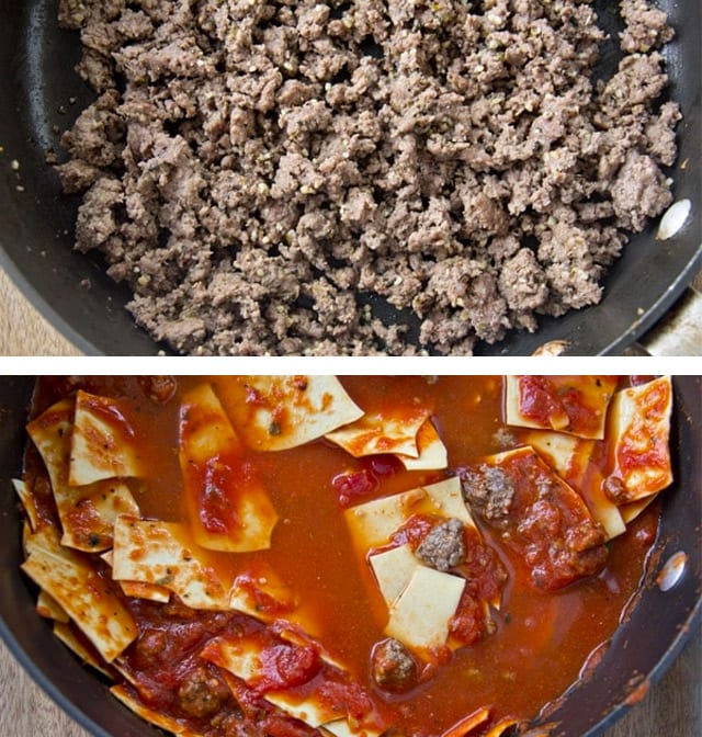collage of two images making stove top lasagne with ground beef.