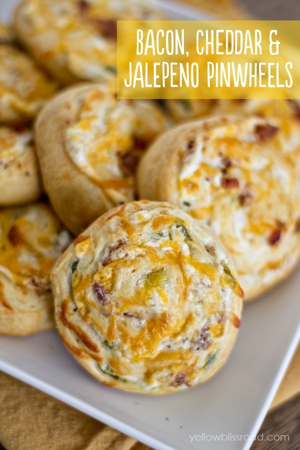 Bacon Cheddar & Jalepeno Pinwheels - made with cream cheese and Pillsbury Crescent Dough for an easy cheesy snack!
