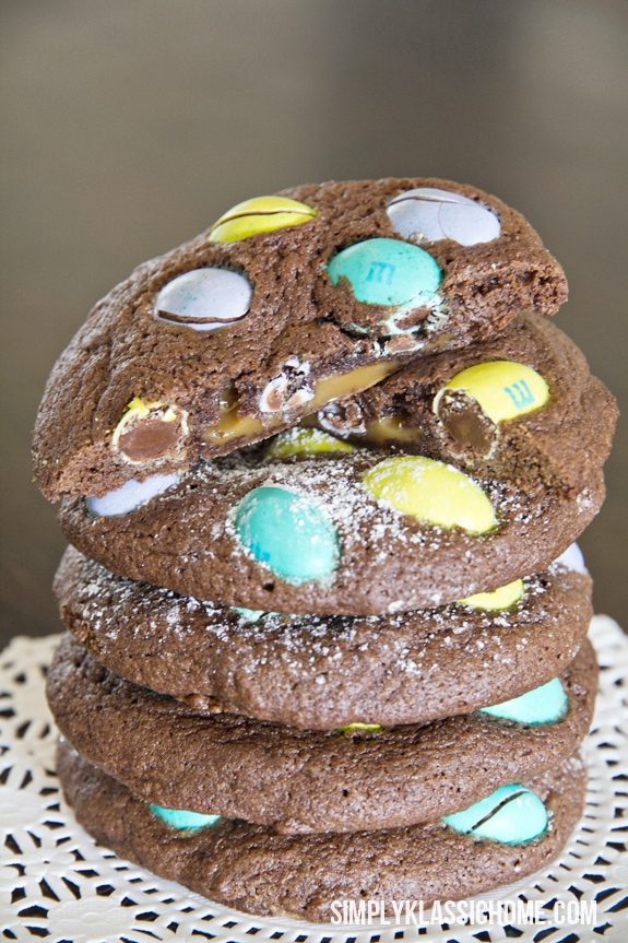 A stack of chocolate cookies with M&Ms