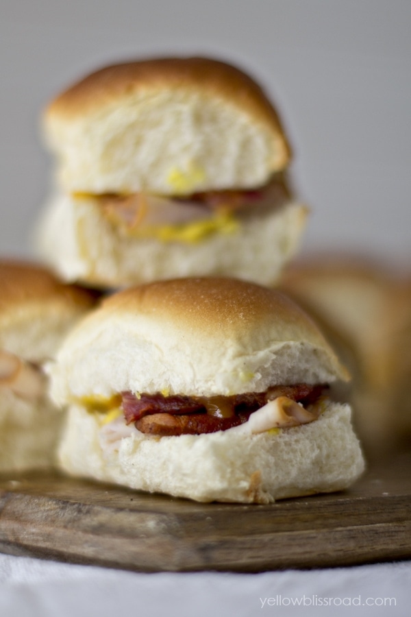 turkey and bacon sliders stacked.
