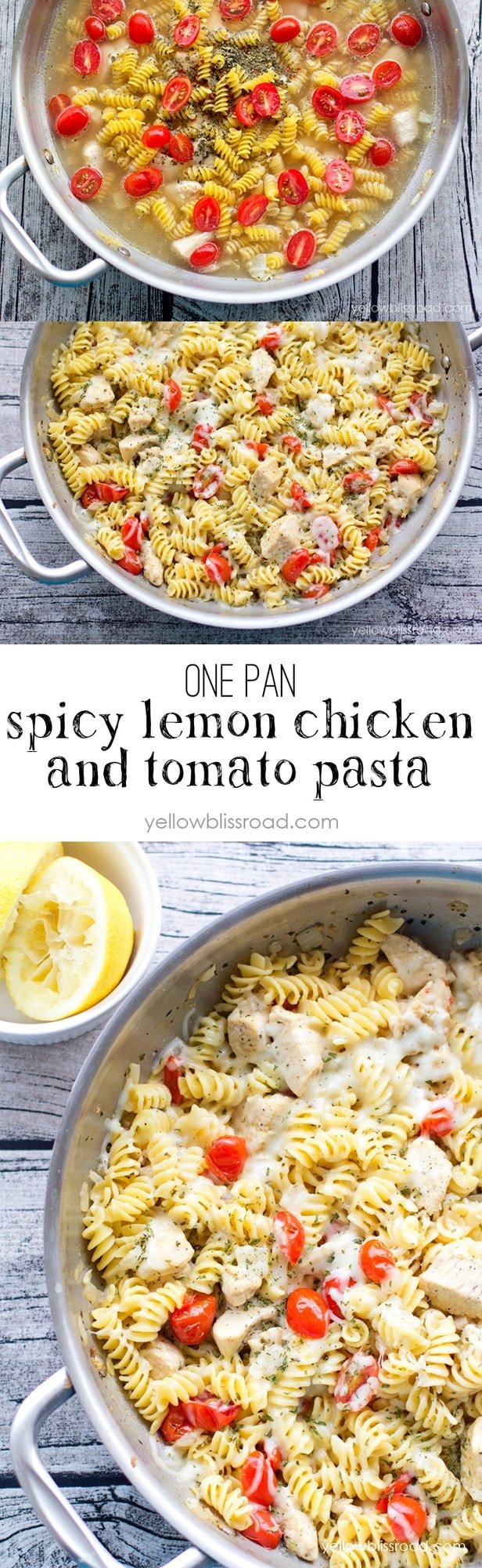 One Pan Spicy Lemon Chicken and Tomato Pasta - Cooks all in one pan and ready in under 20 minutes!