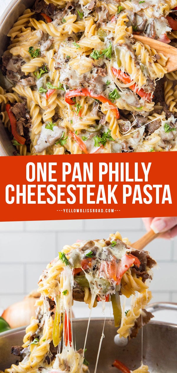 Philly Cheesesteak pasta for pinterest image