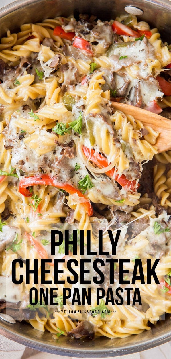 Pinterest friendy image for philly cheesesteak pasta