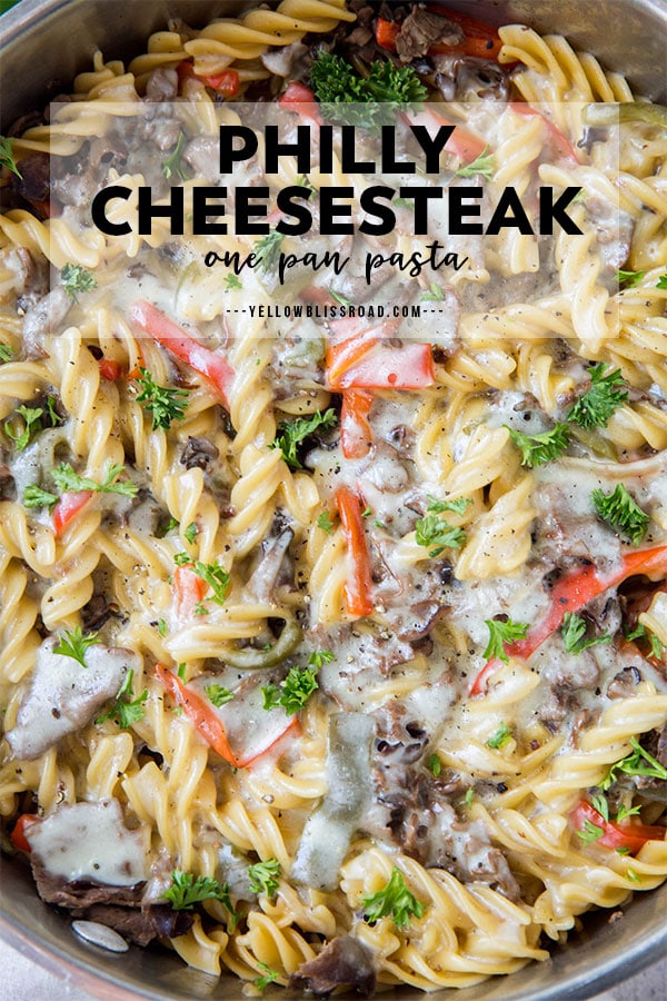 Philly Cheesesteak Pasta pinterest friendly image