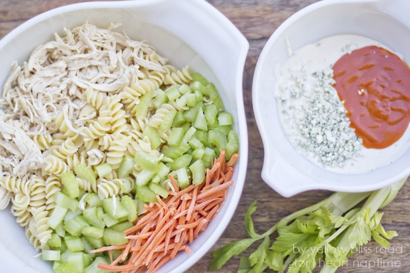 Buffalo Chicken Pasta Salad - Perfectly customizable salad with chicken, buffalo sauce, blue cheese and Ranch. Great for summer parties and fall tailgating!