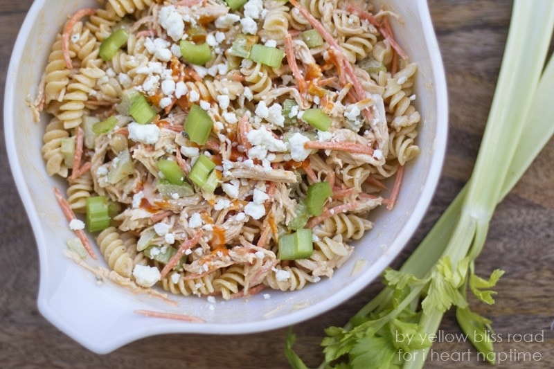 Buffalo Chicken Pasta Salad - Perfectly customizable salad with chicken, buffalo sauce, blue cheese and Ranch. Great for summer parties and fall tailgating!