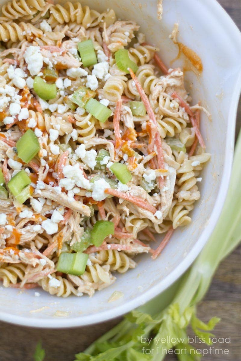 Buffalo Chicken Pasta Salad - Perfectly customizable salad with chicken, buffalo sauce, blue cheese and Ranch. Great for summer parties and fall tailgating!