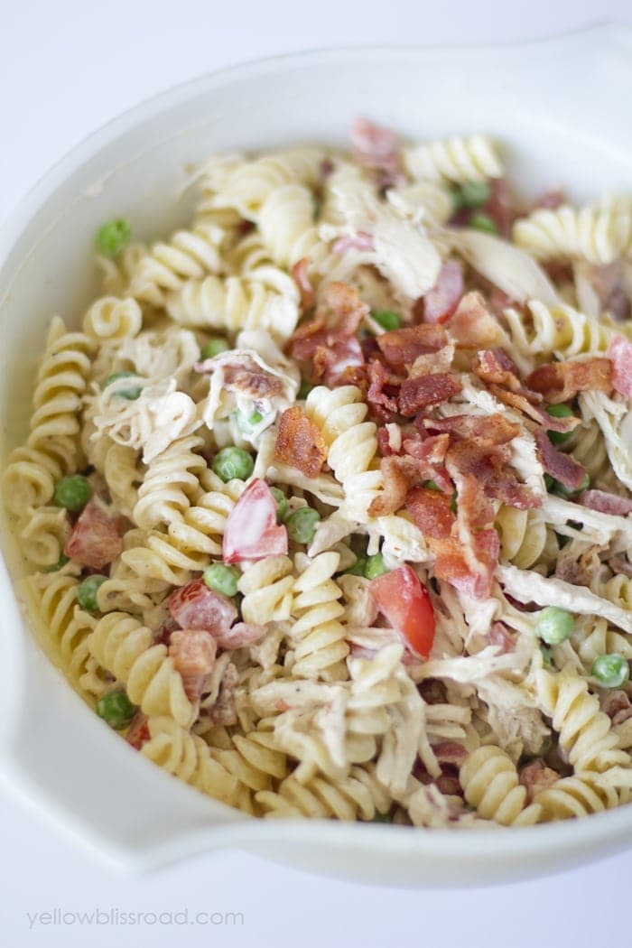 This Bacon Ranch Chicken Pasta Salad is cool and refreshing with a delicious, creamy Ranch flavored dressing, making it a summer staple for outdoor picnics and parties.