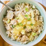 A bowl of Chicken, Rice, and Pineapple