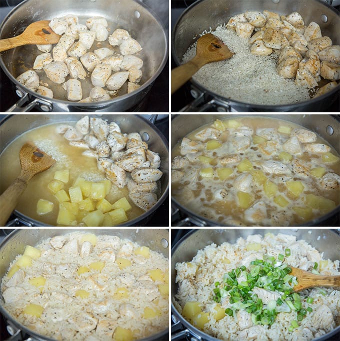 6 image collage of steps showing how to make one pot chicken and rice