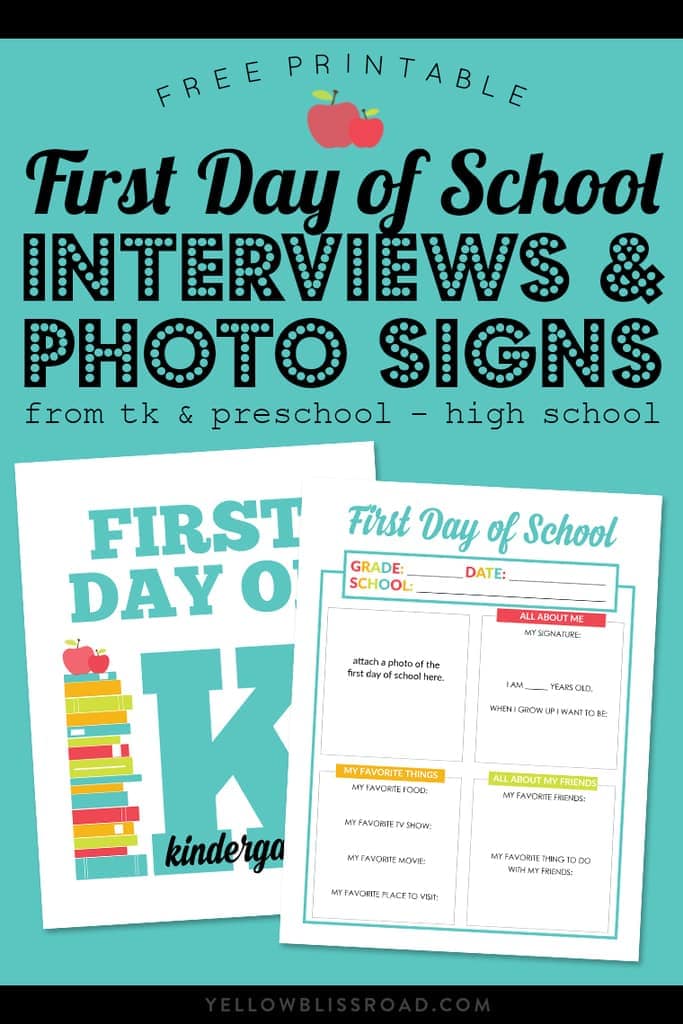 Be ready for those classic Back to School photos with these First Day of School Signs and All About Me Interviews! Includes preschool & TK thru High School.