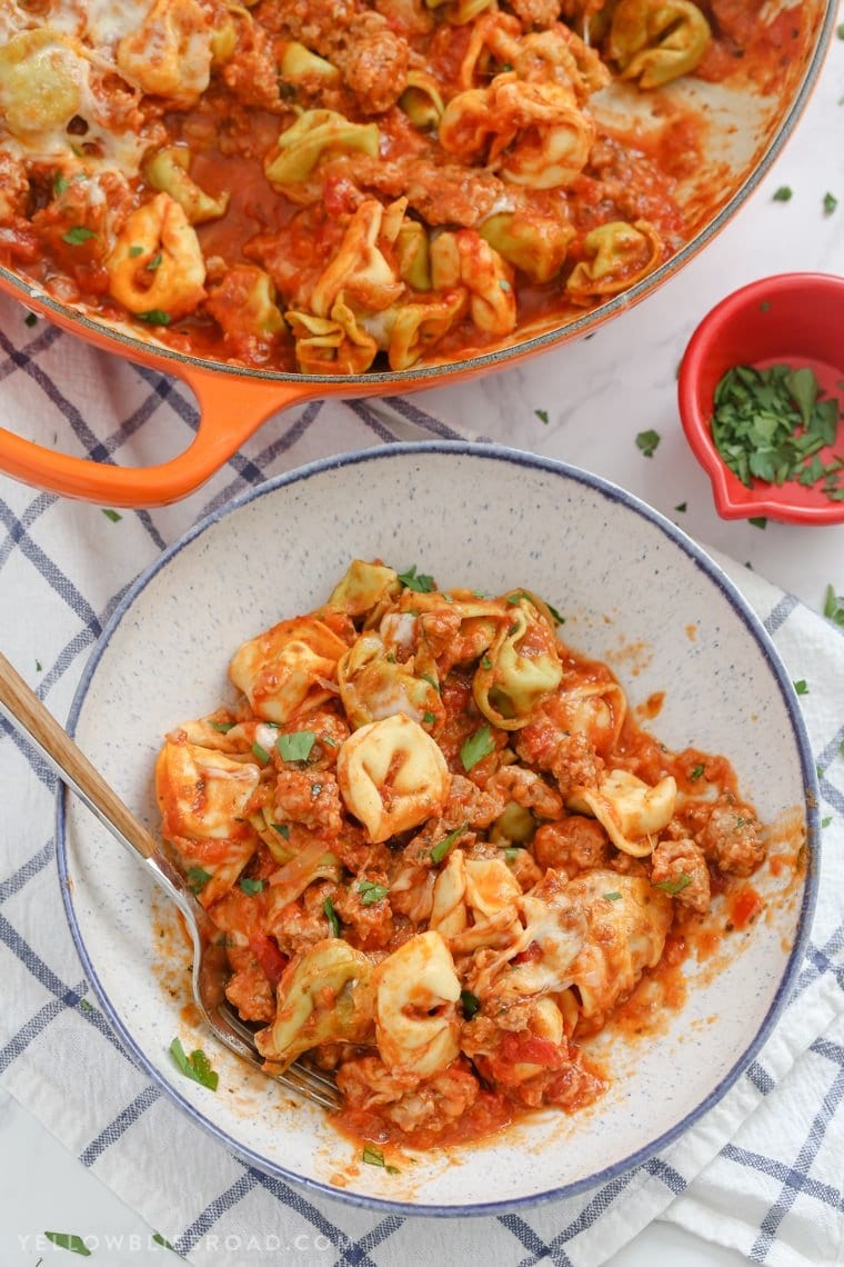 Cheesy One Pan Italian Sausage & Tortellini Skillet