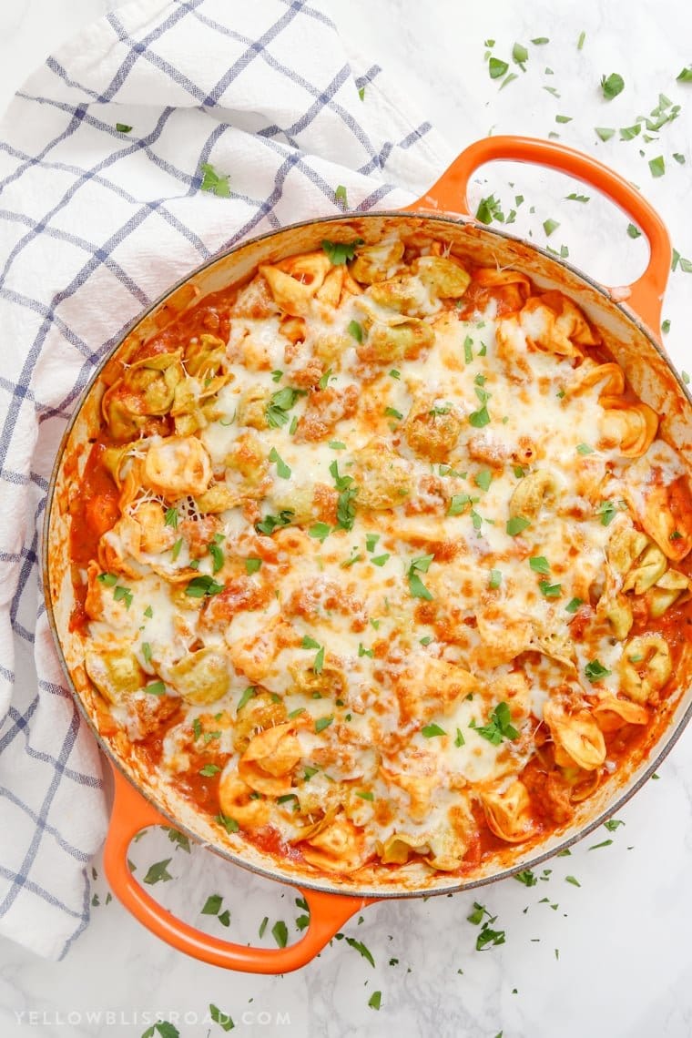 Cheesy One Pan Italian Sausage & Tortellini Skillet