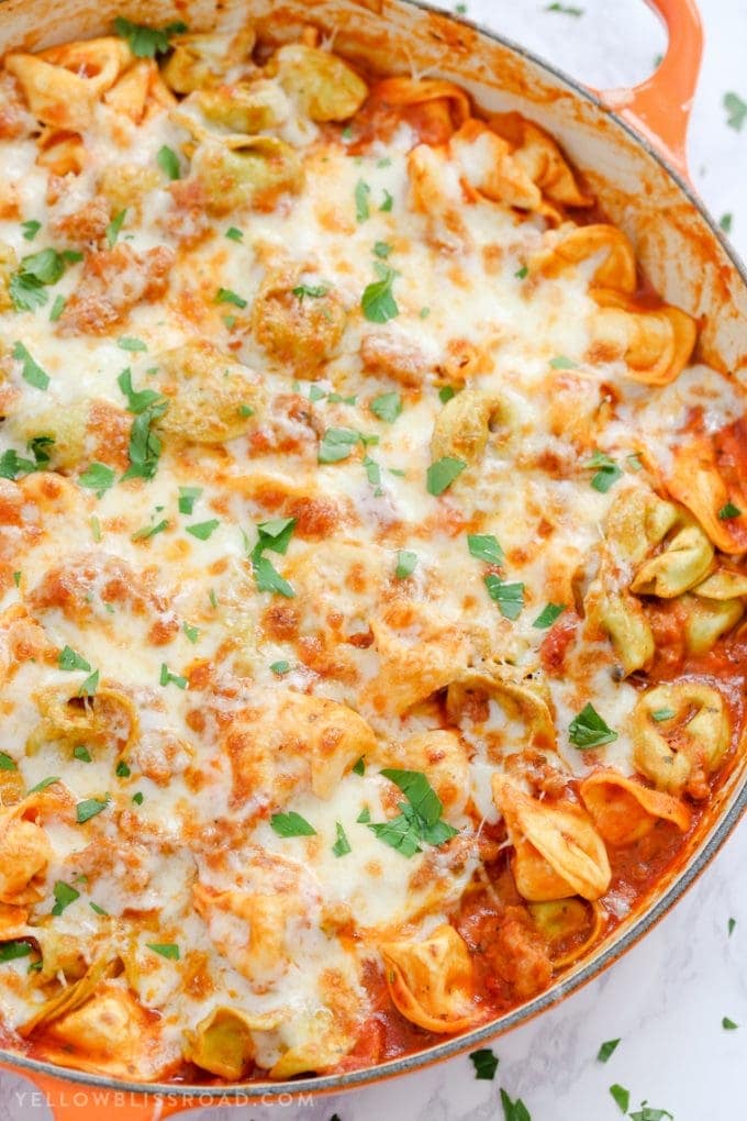 Cheesy One Pan Italian Sausage & Tortellini Skillet