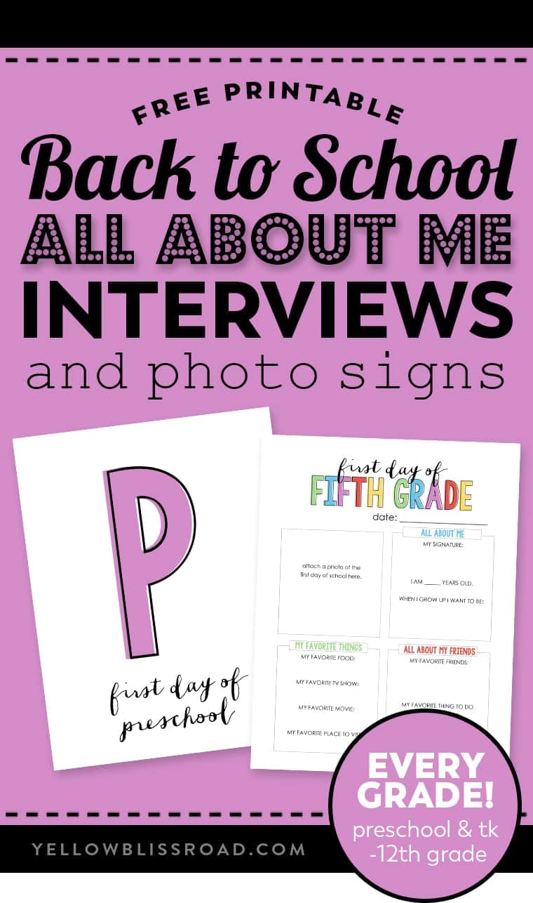 All About Me Interviews and Photo Signs for each grade from Prechool & TK thru high school | First Day of School