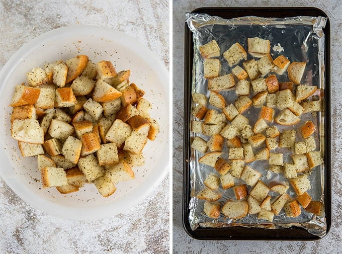 A plate of croutons next to a tray of croutons.